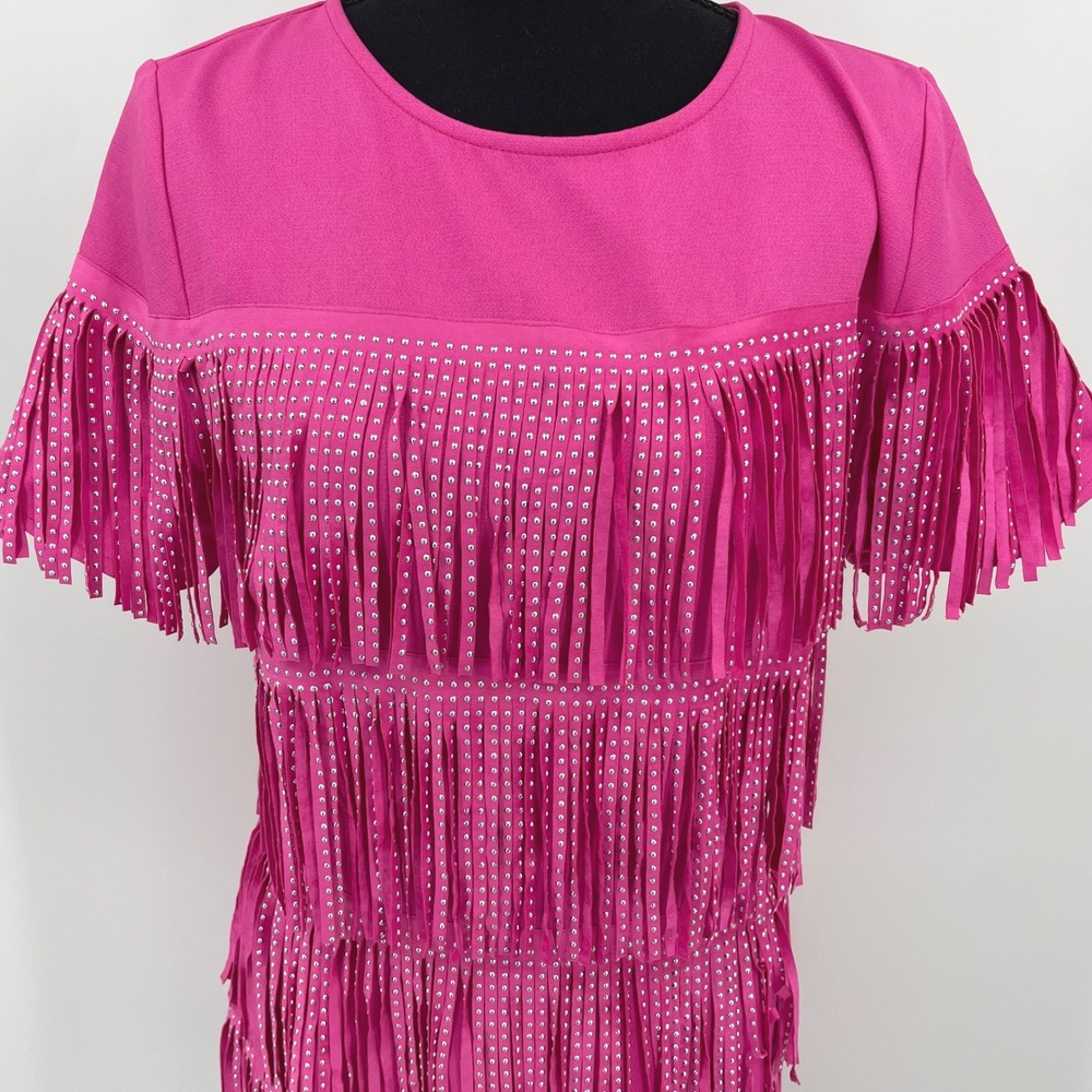 Mainstrip Fringe Dress Womens M Pink Polyester Western Studded Festival Boho - Picture 3 of 16
